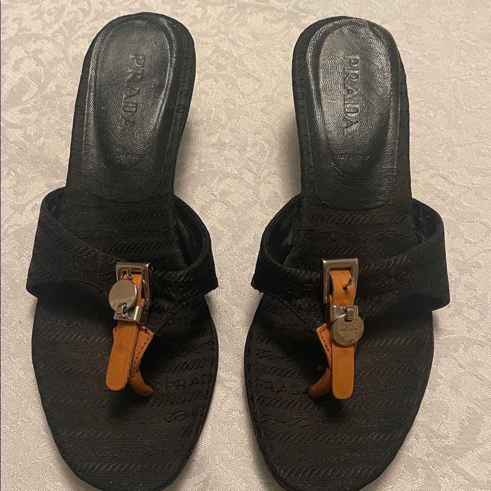 Prada Black and Tan Slide Sandals. Low heel size 7.5